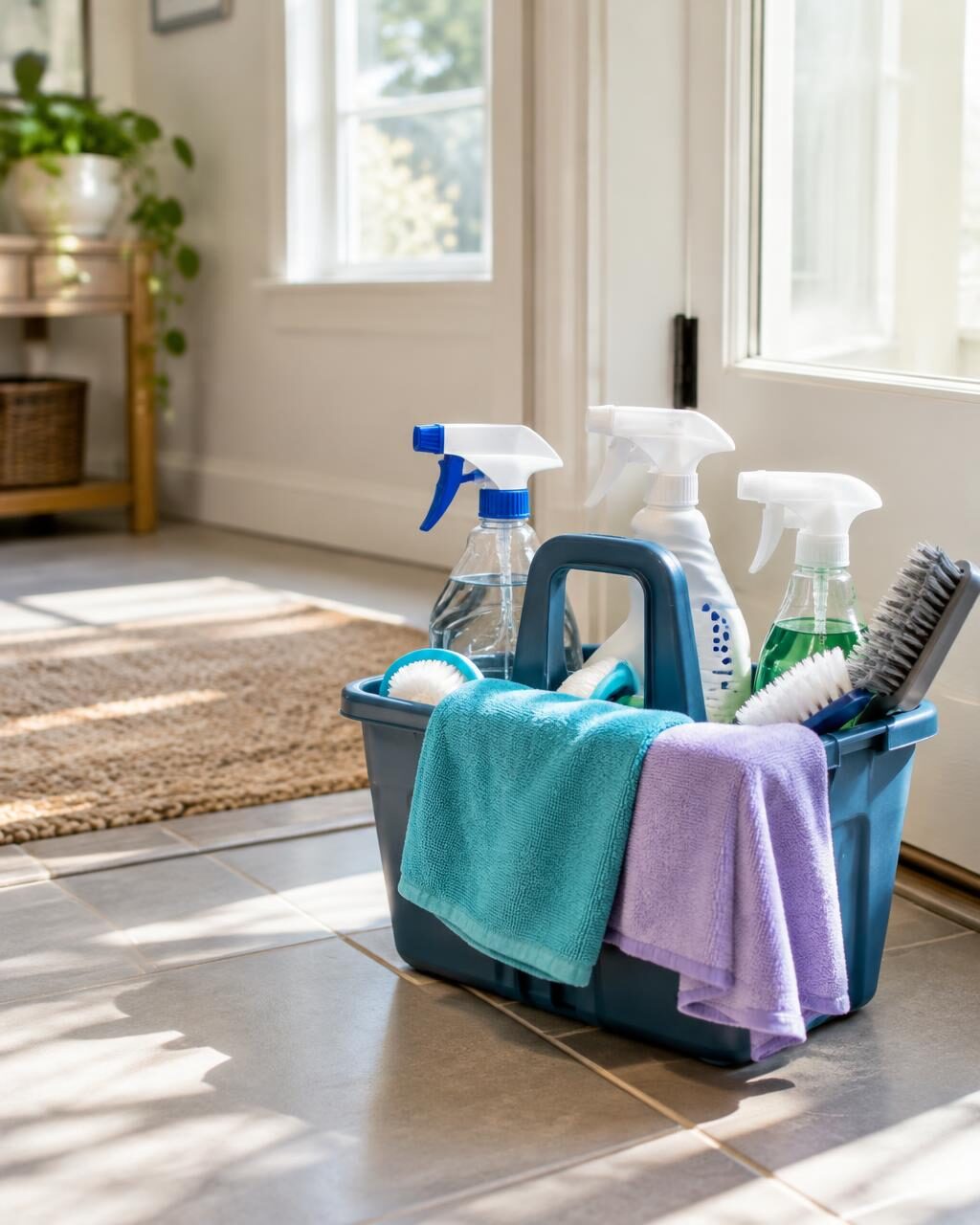 Cleaning caddy and supplies in a bright doorway