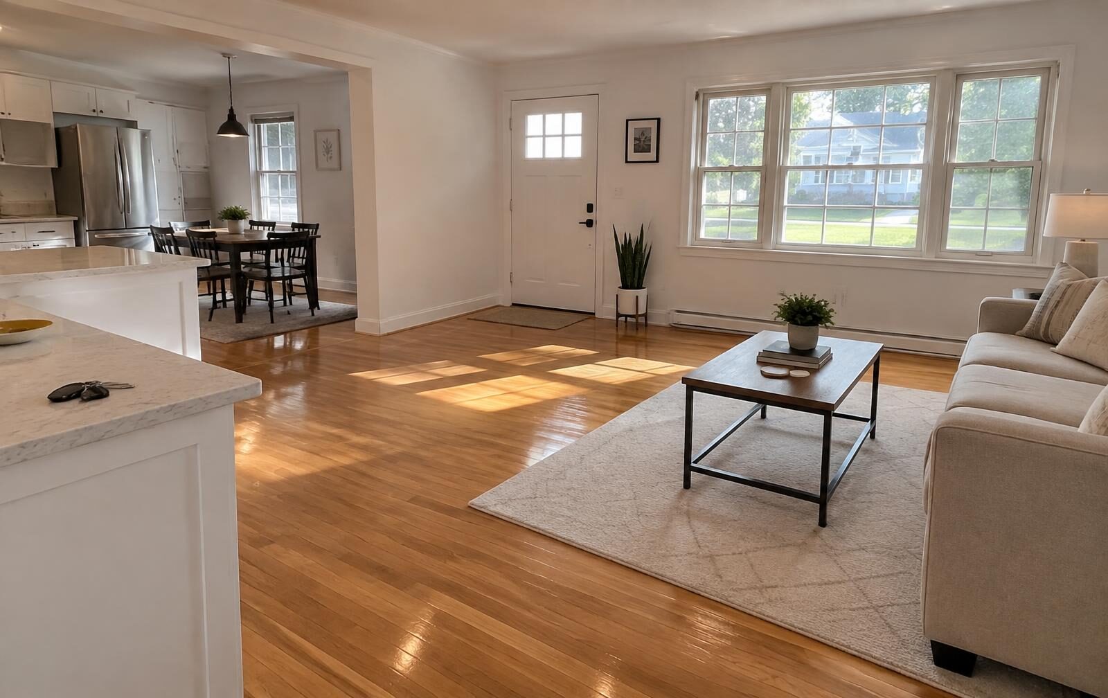 Bright freshly cleaned living room with sunlight on hardwood floors