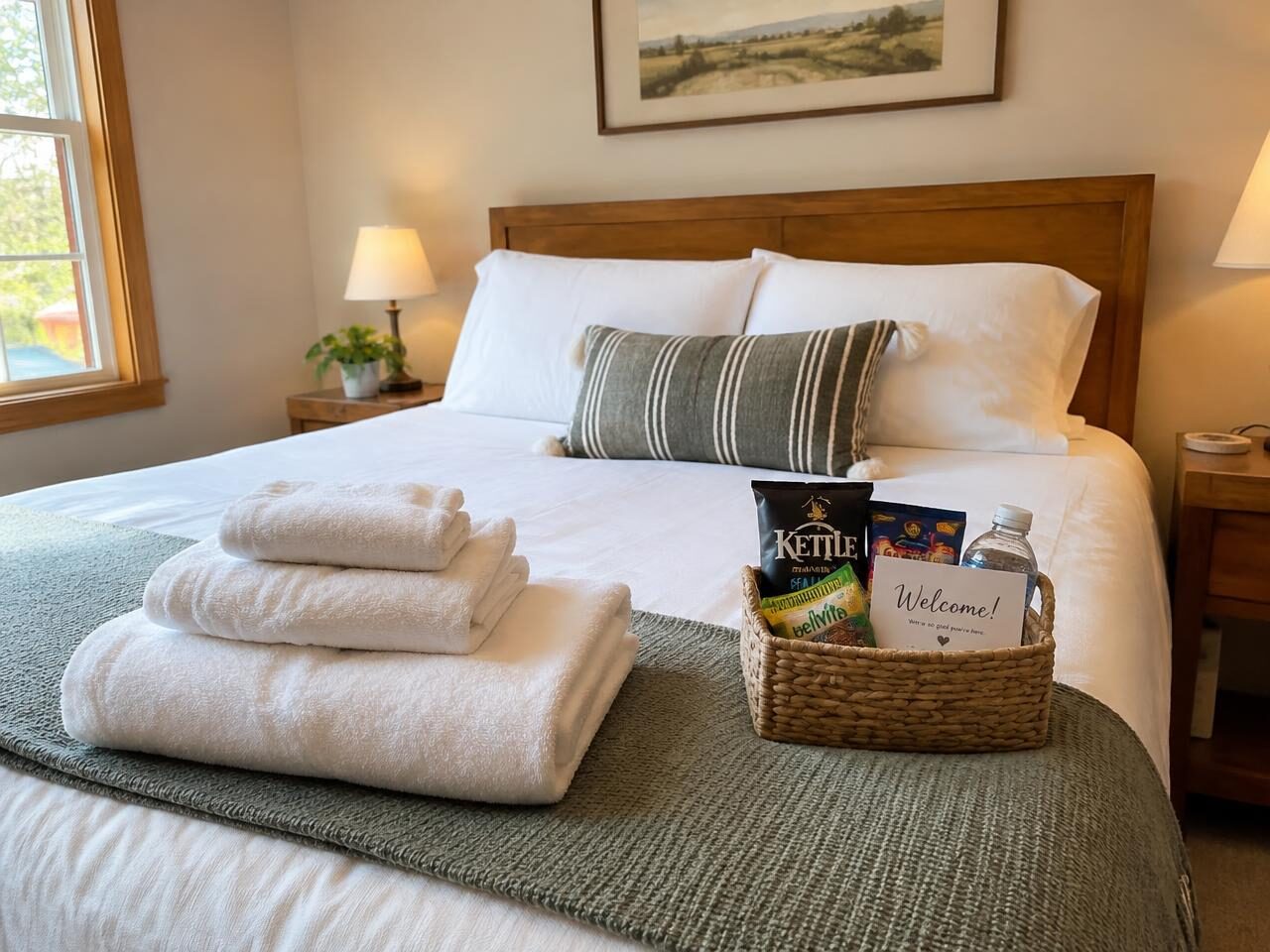 Crisp made bed with folded towels and welcome basket